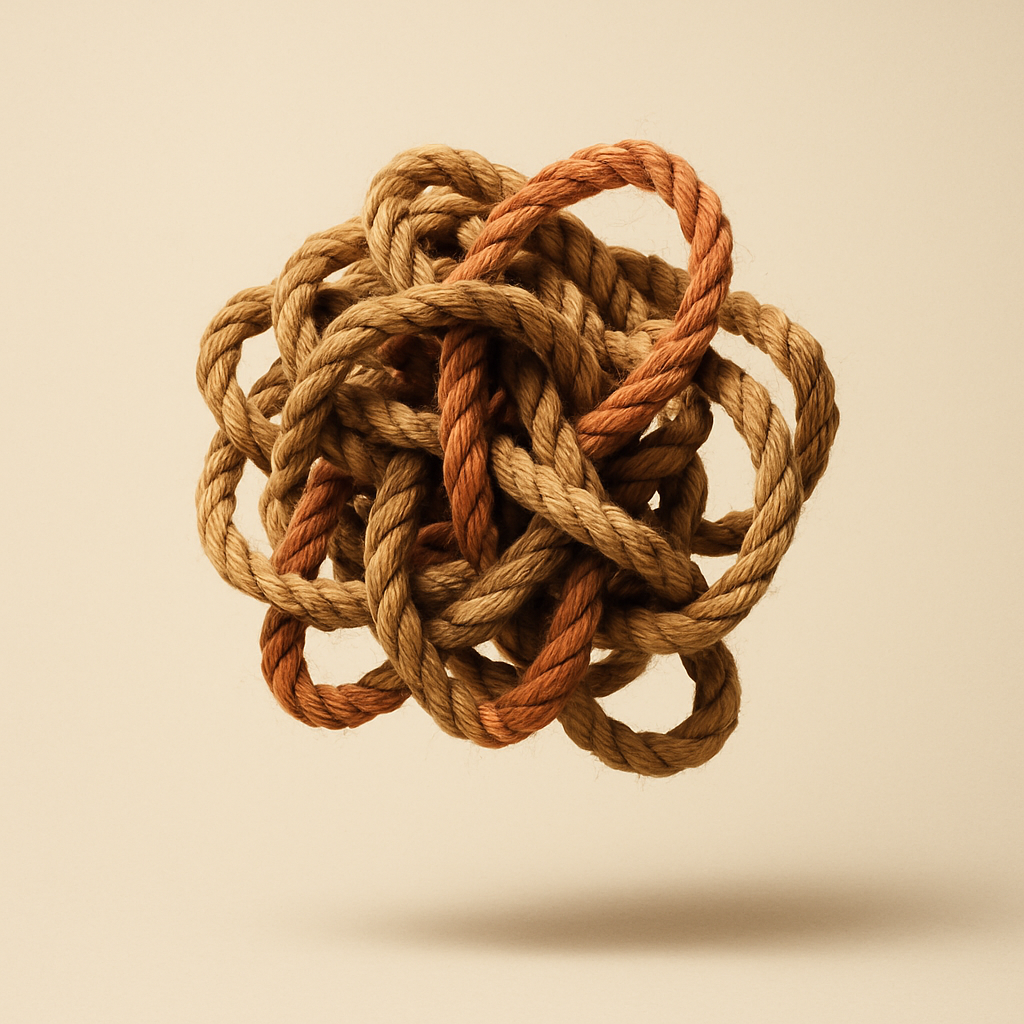 A single rope tied into a complex, chaotic knot